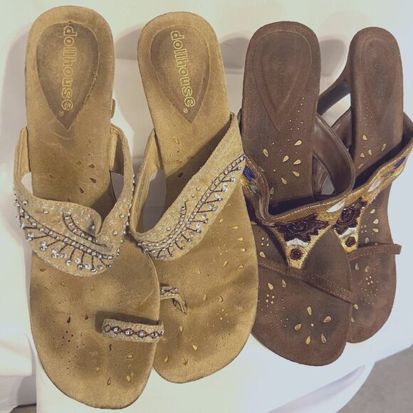 Dollhouse-Women's 2 Pair Sz 9 Slip On heels-Sequins/Beads-Embroidered-Tan/Brown - Picture 3 of 14